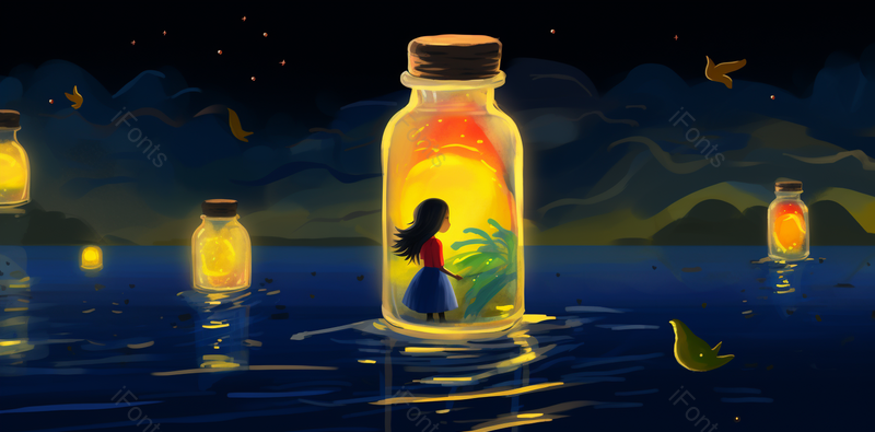 大海上漂流瓶里读书的女孩夜晚漂流瓶,插画/手绘图,插画/手绘图库,插画/手绘图下载,插画/手绘